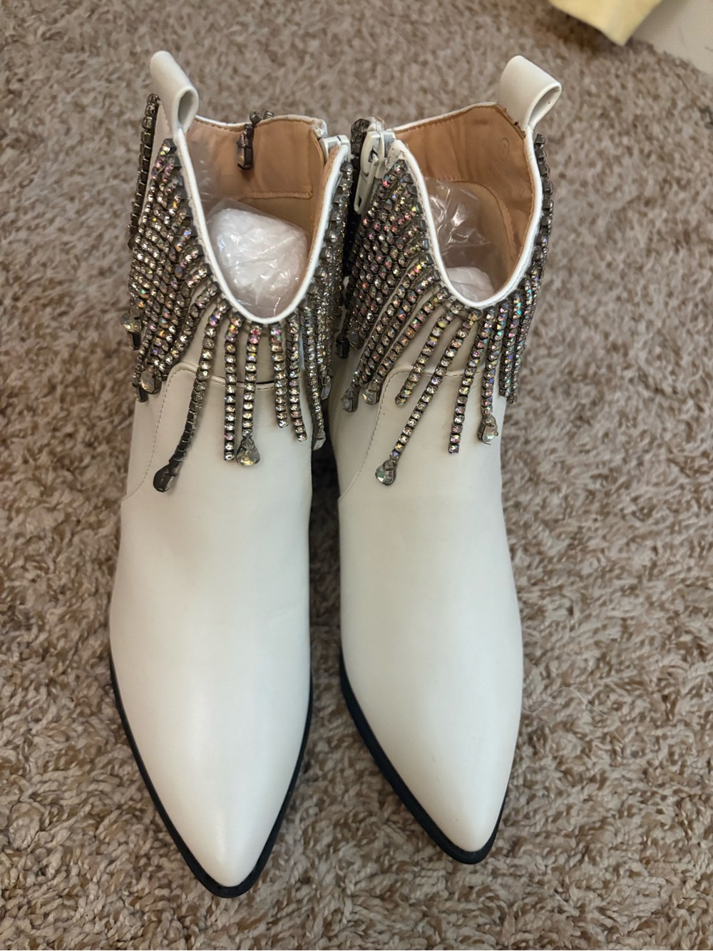 White Rhinestone Fringe Ankle Booties